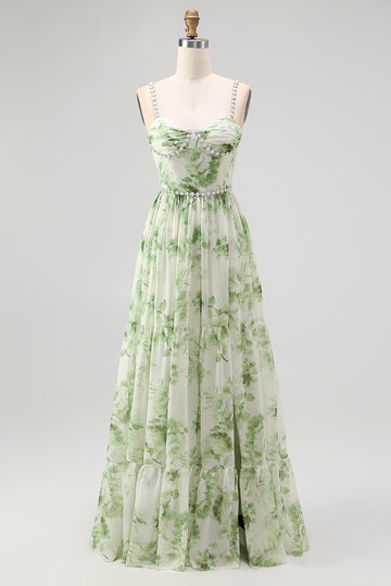 Green Flower A Line Pearl Long Bridesmaid Dress with Lace-up Back
